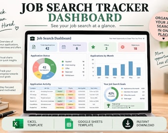 Kalkylblad för jobbsökning / Ansökningsspårare / Intervjuplanerare / Karriärorganisatör / Google Sheets och Excel-mall