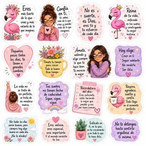 May include: A collection of colorful stickers with inspirational quotes and illustrations. Designs include a flamingo, a woman with glasses, hearts, flowers, and a rainbow. The stickers are in Spanish and feature motivational messages.