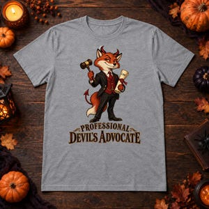 May include: A heather gray t-shirt featuring a graphic of a fox dressed in a suit, holding a wooden gavel and a scroll labeled LAW. The fox has small red horns and a pointed tail. Below the graphic, the text reads PROFESSIONAL DEVIL'S ADVOCATE.