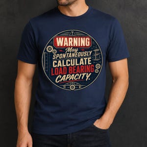 May include: A navy blue t-shirt featuring a circular graphic with the text WARNING May SPONTANEOUSLY CALCULATE LOAD BEARING CAPACITY. The design includes engineering symbols, gears, a ruler, and a structural beam illustration in red, white, and blue.