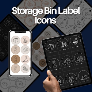 Könnte beinhalten: Digitale Anzeige von Aufkleber-Symbolen für Aufbewahrungsbehälter mit Lebensmittelillustrationen wie Brot, Käse und Karotten. Der Text "Storage Bin Label Icons" wird oben angezeigt. Die Symbole werden auf einem Telefon und Tablets angezeigt.