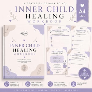 Könnte beinhalten: Ein A4-Arbeitsbuch zur Heilung des inneren Kindes mit einem hellvioletten und weißen Einband, floralen Akzenten und dem Text The Calm Cycle Studio. Enthält Arbeitsblätter für emotionale Bedürfnisse, Check-ins und Briefe an das jüngere Ich.
