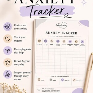 Op de afbeelding: Een angsttracker-plannerpagina met een raster voor datum, tijd, angstniveau, triggers, symptomen, gedachten, coping-tools en reflecties. Bevat een wekelijkse stemming-, energie- en stresstracker en een gouden pen voor notities.