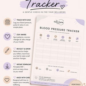 May include: A printable blood pressure tracker document with a light purple and white color scheme. The form includes sections for date, time, systolic and diastolic readings, pulse, and notes, plus a weekly mood, energy, and stress level tracker.