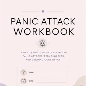 Cuaderno de trabajo imprimible para ataques de pánico, hojas de trabajo sobre ansiedad y pánico, registro de desencadenantes, ejercicio de conexión con el presente, plan de calma y diario de recuperación en formato PDF.