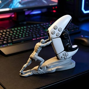 May include: A gray figurine of a person in a lunging pose pushing against a white and black video game controller. The controller is held upright by the figure, which is attached to a textured, rock-like base that supports the entire structure.