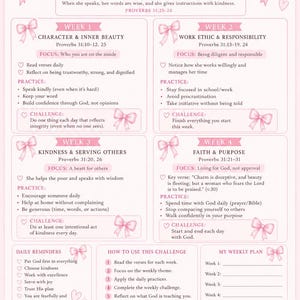 May include: A light pink Proverbs 31 Challenge printable planner page featuring decorative bows, heart icons, and four weekly sections. The text outlines daily practices, weekly themes, and reflection prompts for spiritual growth and personal development.