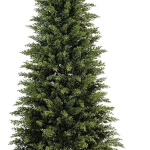 Könnte beinhalten: Ein hoher, konischer künstlicher immergrüner Baum mit dichtem, strukturiertem grünem Blattwerk aus nadelartigen Blättern. Der Baum ist in einen einfachen, soliden schwarzen zylindrischen Topf gepflanzt, der eine stabile Basis bildet.