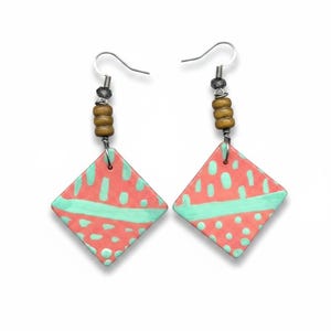 Hand Painted Melon & Teal Geometric Earrings - Bold Triangle Pattern