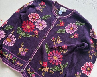 Vintage 90s Coldwater Creek Floral Embroidered Purple Cardigan Sweater