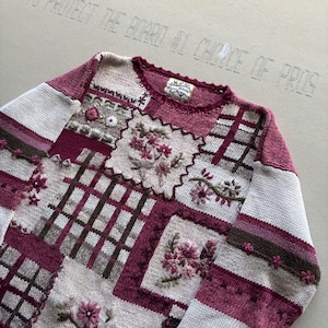 Vintage 90s Heirloom Collectibles Patchwork Floral Embroidered Knit Sweater