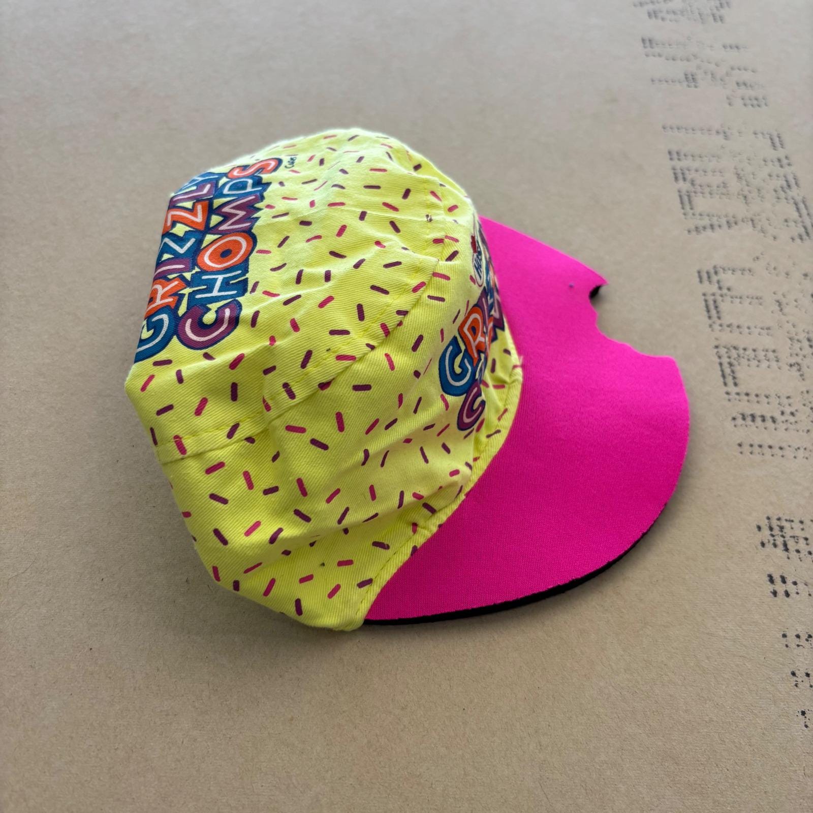 Vintage 90s Hostess Grizzly Chomps Painter Hat Pink Neon Yellow