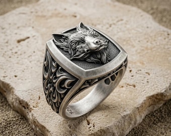Wolf Ring 925 Sterling Silver, Antique Wolf Head Cushion Signet Band, Gothic Baroque Carved Viking Jewelry, Animal Gift for Men Him