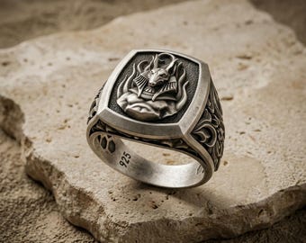 Egyptian Anubis Signet Ring - Sterling Silver, Baroque Detailing