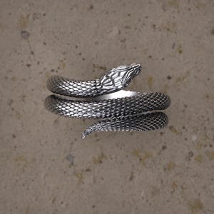 Può includere: Anello a forma di serpente color argento con un motivo a scaglie dettagliato. La testa del serpente è sollevata e il corpo si avvolge. L'anello è posto su uno sfondo neutro e strutturato.