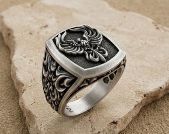 Phoenix Ring 925 Sterling Silver, Rebirth Phoenix Cushion Signet Band, Gothic Baroque Carved Mythology Jewelry, Fantasy Gift for Men Him