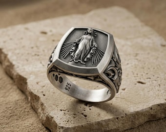 Virgin Mary Ring 925 Sterling Silver, Miraculous Medal Signet Band, Baroque Carved Madonna Jewelry, Christian Religious Gift for Men Him