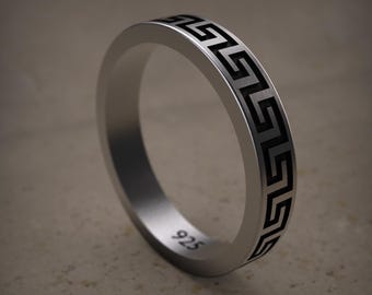 925 Sterling Silver Greek Key Band Ring for Men, Handmade Meander Pattern Ring, Classic Ancient Greece Jewelry Gift, Symbolic Silver Ring
