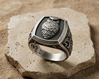 Wise Owl Ring 925 Sterling Silver, Cushion Signet Band, Gothic Baroque Carved Wildlife Jewelry, Bird of Prey Nature Gift for Men Him