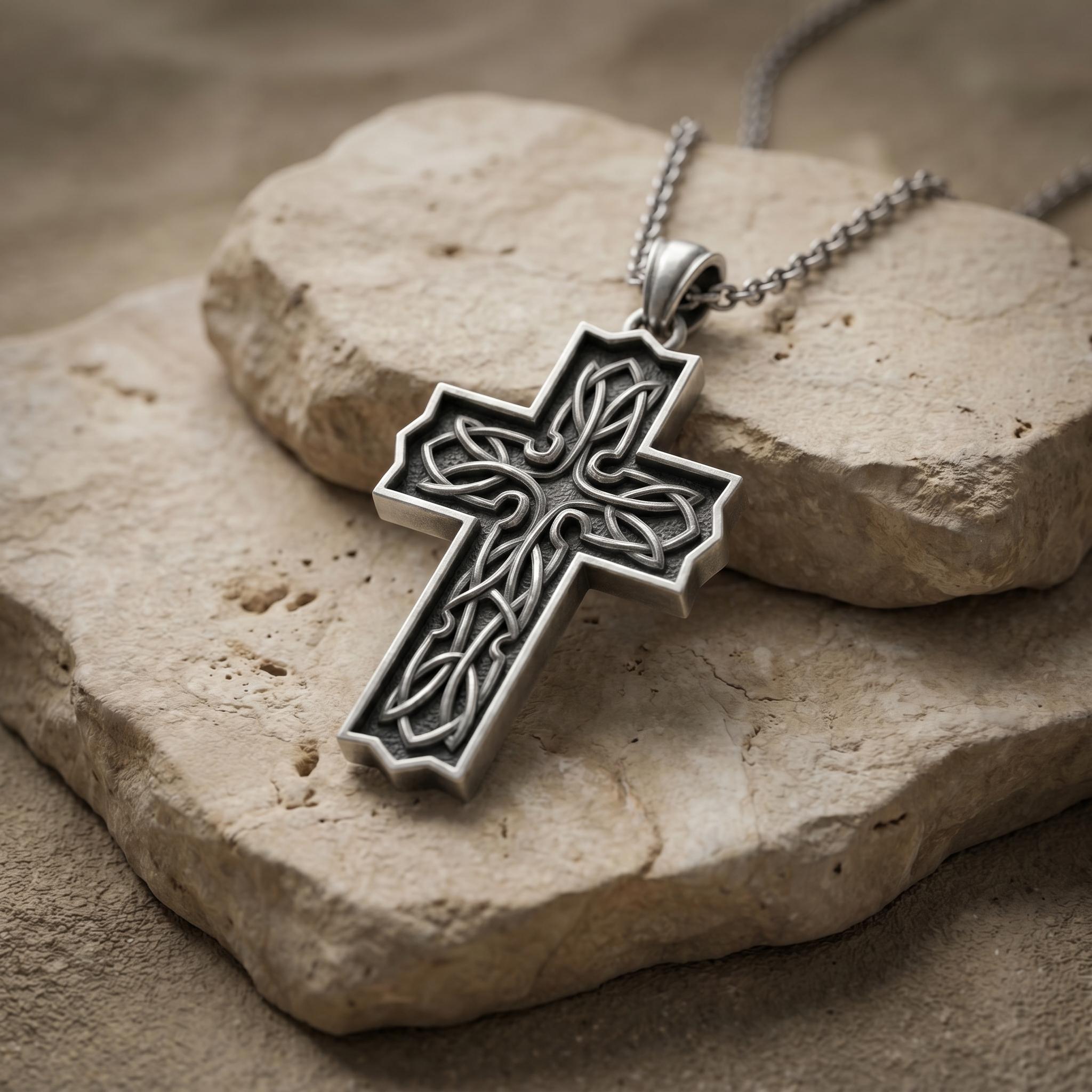 Norse Viking Silver Cross Necklace, Celtic Knot Detail (oxidized