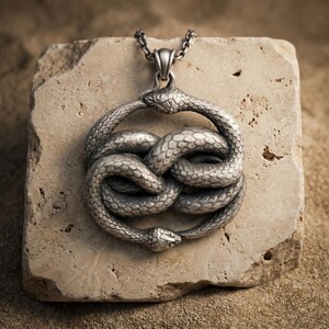 Pode incluir: Um pingente de metal prateado com duas serpentes entrelaçadas formando um nó circular. As serpentes possuem escamas detalhadas e estão conectadas a um colar de corrente de elos de metal prateado correspondente.