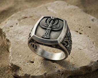 Egyptian Cross Ring 925 Sterling Silver, Antique Ankh Signet Band, Gothic Baroque Carved Eye of Horus Jewelry, Pagan Gift for Men Him