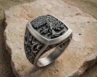 Tree of Life Ring 925 Sterling Silver, Yggdrasil Cushion Signet Band, Gothic Baroque Carved Nature Jewelry, Celtic Gift for Men Him Boxer