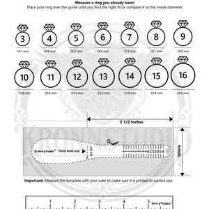The image is a ring chart and sizer that provides measurements and guidelines for determining the size of a ring based on the ring size shown.