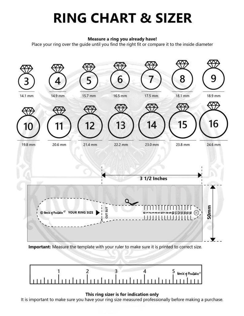 The image is a ring chart and sizer that provides measurements and guidelines for determining the size of a ring based on the ring size shown.