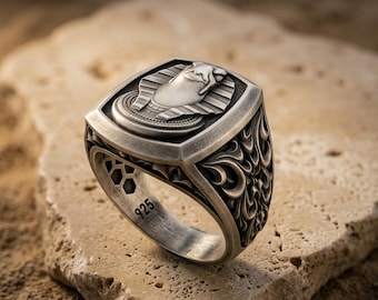Pharaoh Ring 925 Sterling Silver, King Tut Cushion Signet Band, Gothic Baroque Carved Egyptian Jewelry, Ancient Pagan Gift for Men Him