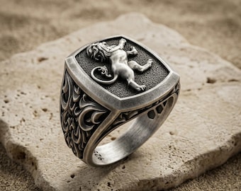 Heraldic Lion Ring 925 Sterling Silver, Rampant Lion Cushion Signet Band, Gothic Baroque Carved Royalty Jewelry, History Gift for Men Him