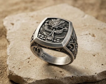 Dragon Ring 925 Sterling Silver, Chinese Dragon Cushion Signet Band, Gothic Baroque Carved Mythology Jewelry, Fantasy Gift for Men Him
