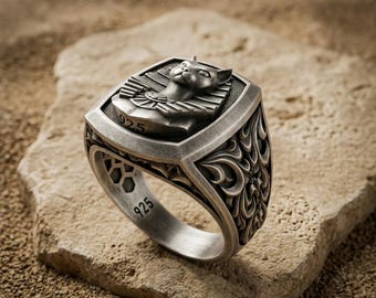 Bastet Ring 925 Sterling Silver, Ancient Egyptian Cat Cushion Signet Band, Gothic Baroque Carved Wiccan Jewelry, Pagan Gift for Men Him