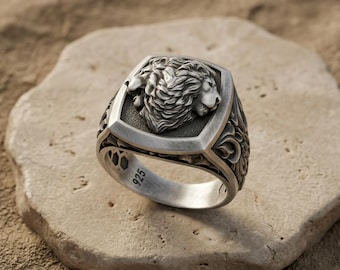 Gothic Double Lion Ring, Sterling Silver (Cushion Signet Band)