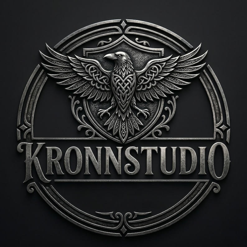 a logo with a bird and a shield design, surrounded by decorative elements.