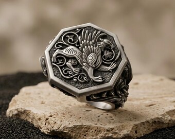 Griffin Ring: Mythical Celtic Sterling Silver (Oxidized or Polished)