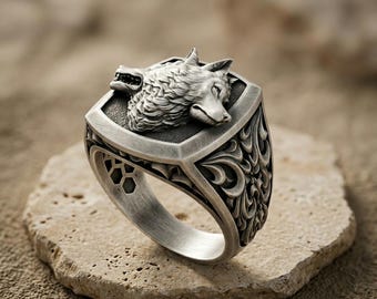 Wolf Ring 925 Sterling Silver, Double Headed Wolf Cushion Signet Band, Gothic Baroque Carved Viking Jewelry, Animal Gift for Men Him