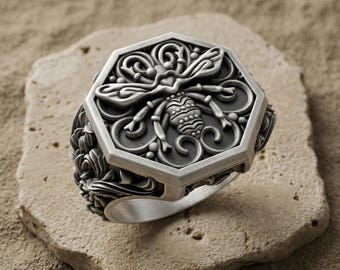 Honey Bee Silver Ring, Baroque Octagon Signet (Men's Sizes 3-15)