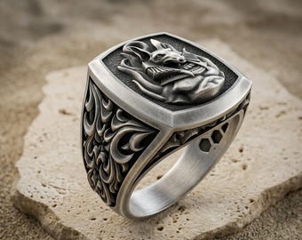 Anubis Ring 925 Sterling Silver, Ancient Egyptian Cushion Signet Band, Gothic Baroque Carved God of Underworld Jewelry, Pagan Gift for Men