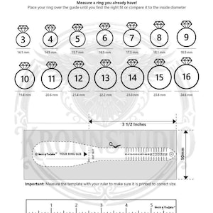 The image is a ring chart and sizer that provides measurements and guidelines for determining the size of a ring based on the ring size shown.