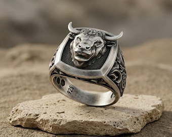 Bull Signet Ring: Gothic Taurus Design in Sterling Silver (Sizes 3-15)