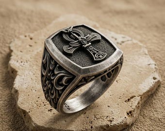 Ankh Cross Ring: Gothic Egyptian Design (Sterling Silver, Men’s Sizes)