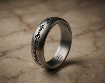 925 Sterling Silver Elvish Script Band Ring, Fantasy Tengwar Inscription Wedding Band