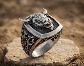 Bull Ring 925 Sterling Silver, Taurus Zodiac Cushion Signet Band, Gothic Baroque Carved Animal Jewelry, Pagan Gift for Men Him Husband