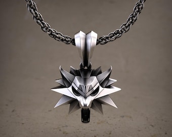 Wolf School Medallion 925 Sterling Silver Necklace Witcher Pendant Fantasy RPG Gaming Jewelry Gift Men