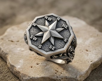 Compass Ring: Antique Silver with Baroque Carved Sailor Motif - Oxidized Finish