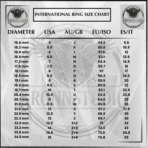 The image is a chart that provides the diameter and corresponding USA, AU/GB, EU/ISO, and ES/IT measurements for various ring sizes.