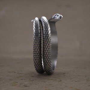 May include: A silver snake ring. The ring coils around the finger, featuring a textured, scale-like design. The snake's head is detailed, and the ring appears to be made of metal.