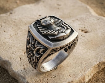 Bastet Cat Ring: Gothic Egyptian Silver Signet (Oxidized or Polished Finish)