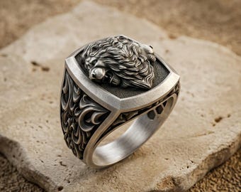 Lion Ring 925 Sterling Silver, Double Headed Lion Cushion Signet Band, Gothic Baroque Carved Leo Jewelry, Ancient Gift for Men Him Husband